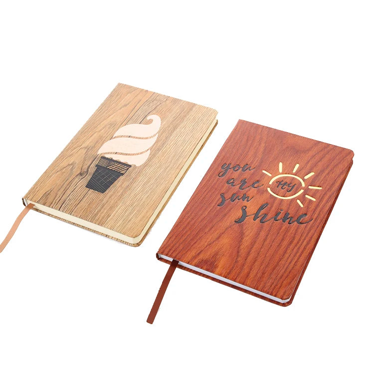 Promotion Custom Printed Logo A5 Notebook Wooden-Look Leather Hardcover with Ribbon Mark Stylish Note Book