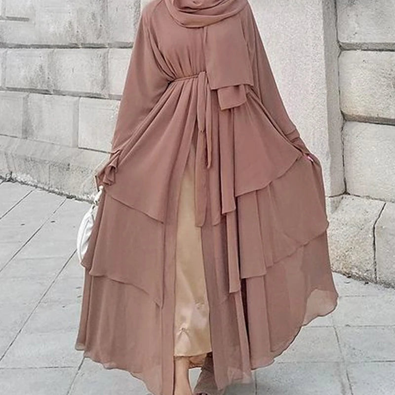 12 Colors Dubai Turkey Kaftan Cardigan Muslim Dresses 3 Layers Chiffon Solid Open Abaya Kimono Islamic Clothing