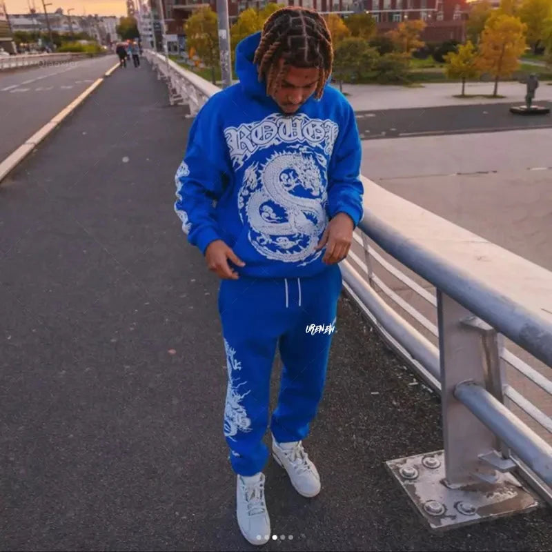 Custom Autumn Formal Drop Shoulder 400gsm Heavy Cotton Knitted Seamless Fusing Quick Dry Jogger Sweatsuit Set Puff Printing Men