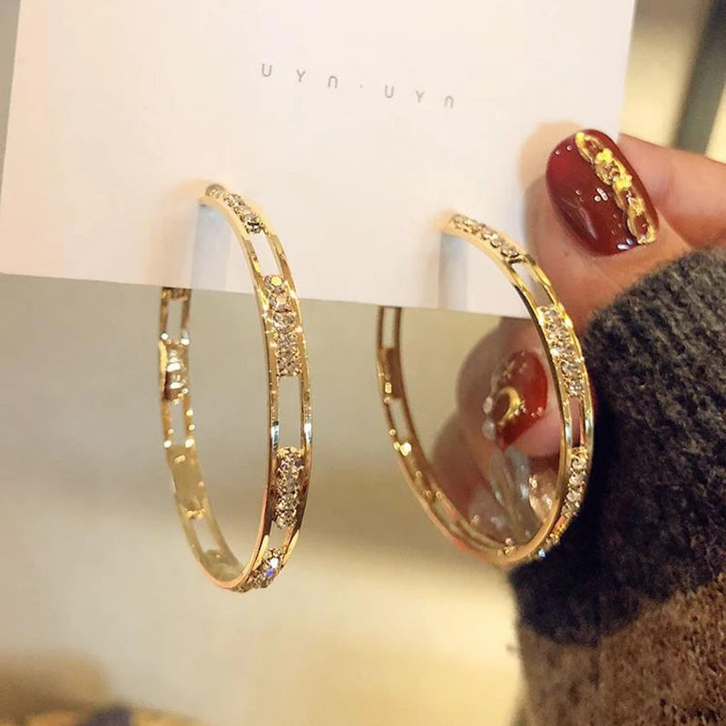 RisingMoon S925 Silver Needle Gold Plated Earrings Hollow Out Rhinestone Crystal Circle Round Hoop Earrings