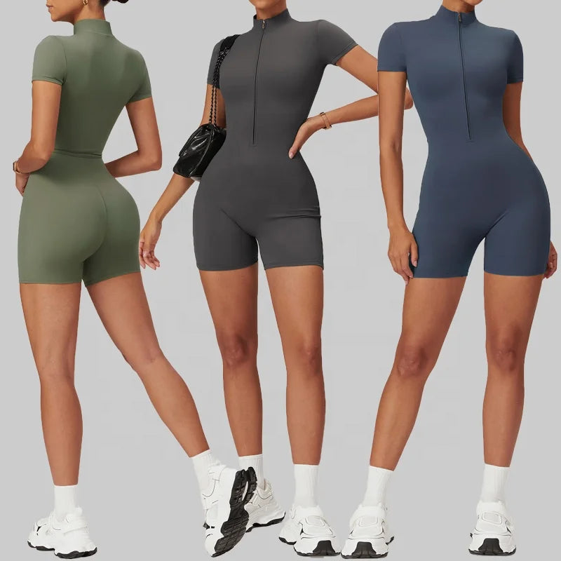 Custom logo Women's Zip up Yoga Shorts Bodysuits Fashion Fitness One Pieces Sports Rompers Athletic Yoga Jumpsuit for Women