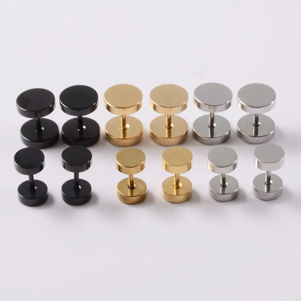 Wholesale Barbell Dumbbell Punk Gothic Ear Stud Plug Earrings Black Gold Stainless Steel Fashionable Jewelry for Men and Women
