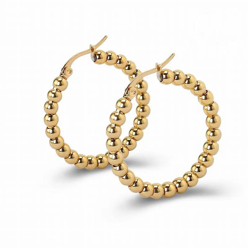 French Classic Vintage Horn 18K Gold Plating Stainless Steel Beads Hoop Earrings for Women Geometric Shape for Party or Gift
