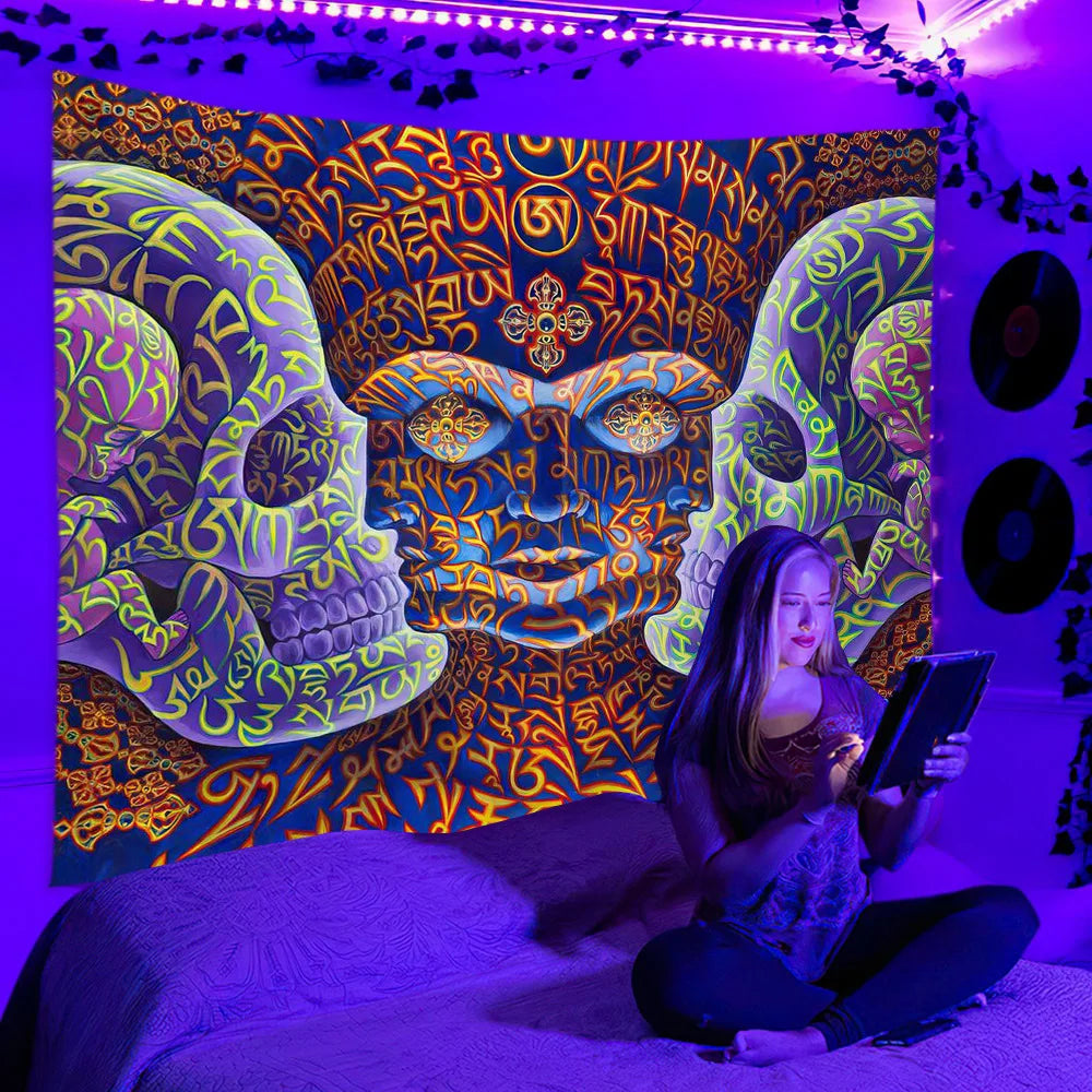 Wall Mandala Printed Cotton/Polyester Tapestry Decor UV Reactive Black Light Night Glowing Psychedelic for Bedroom