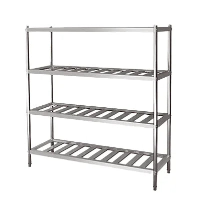 Stainless Steel Heavy Duty Double Sided Clothing Display Rack With Four Shelves Floor Mount Pre Assembled