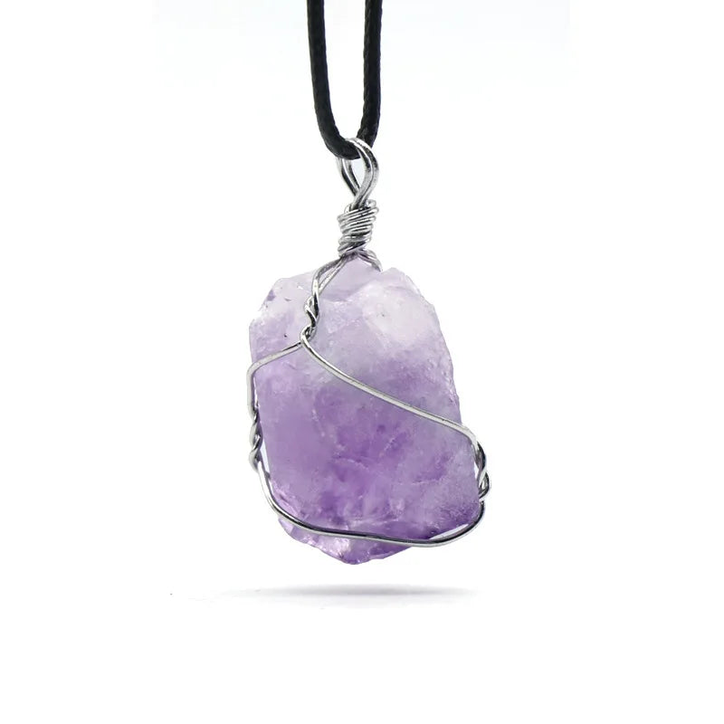 HY Raw Stone Amethyst Necklace Amethyst Pendant Sliver Wrapped Purple Crystals Healing Stones Pendant Jewelry