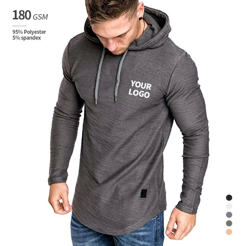 Mens Plain Weave Long Sleeve Hoodie T Shirt Muscle Shirt With Hood Gym Hoodies Blank Knitted Plain Dyed Blank Clothing Supplier