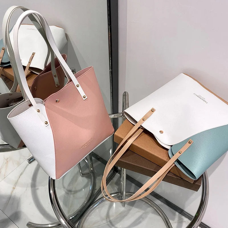 Trendyy Color Block  Bag for  Women's PU Handbags Polyester Liner Zip Versatile Mommy Shopping Bags for Summer
