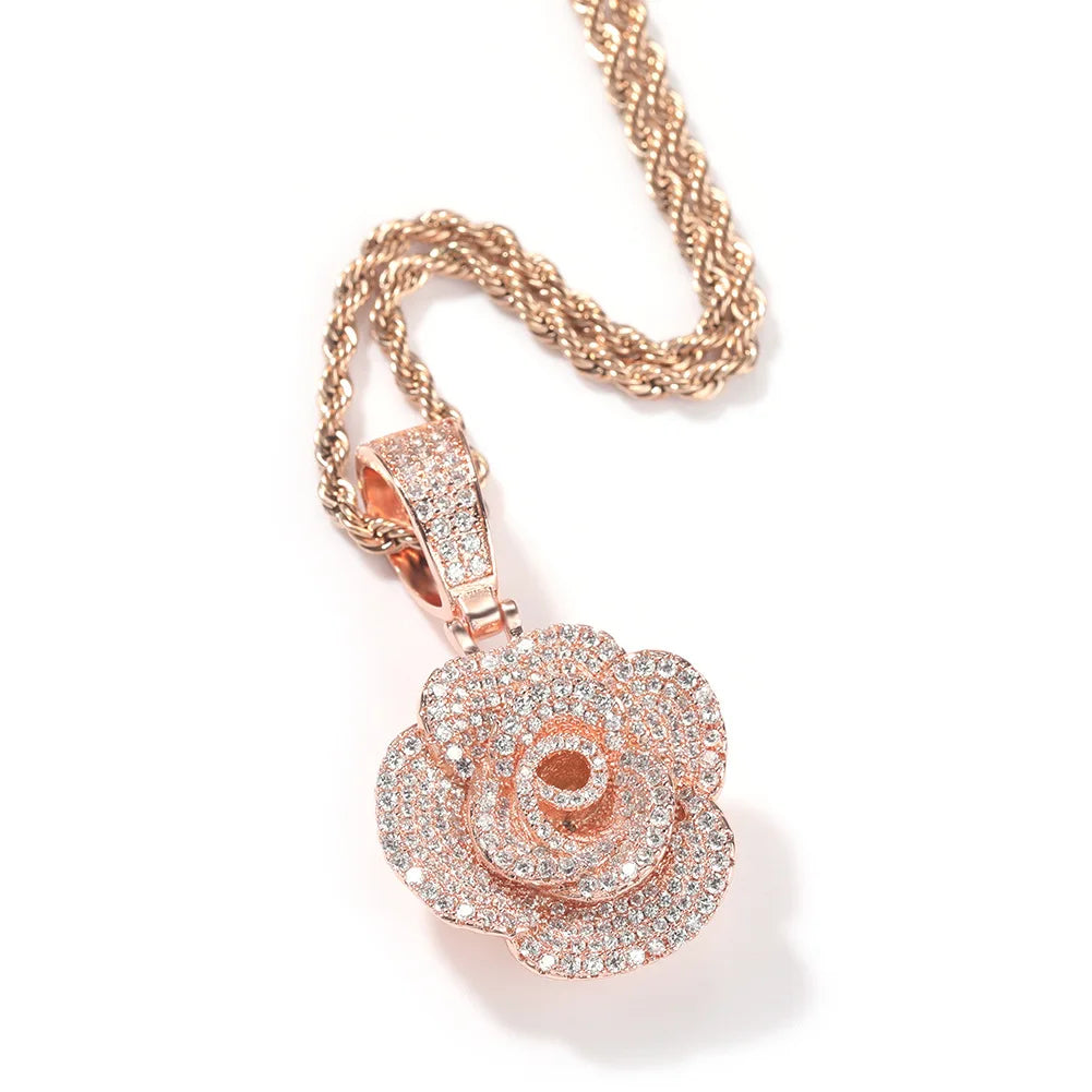 Best Friend Gothic 3D Rose Flower Shaped Pendant Necklace Elegant Anniversary Gift for Women White Gold Cubic Trendy Rope