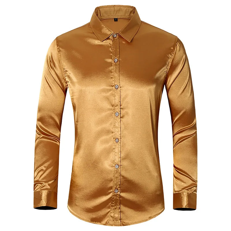 M-7XL Men's Long Sleeve Shirts Solid Color Shiny Cardigan Shirts Summer Plus Size Loose Men's Tops