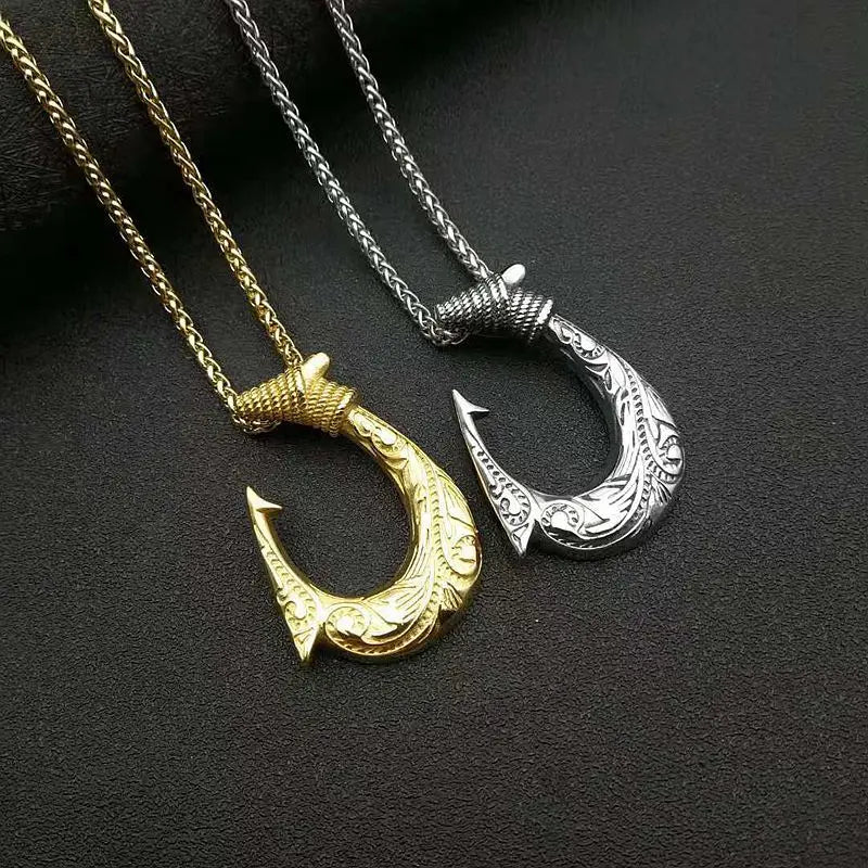 Hunting Accessoires Fishing Gift Stainless Steel Viking Jewelry Hand Engraved Reversible Medium Hawaiian Fish Hook Pendant