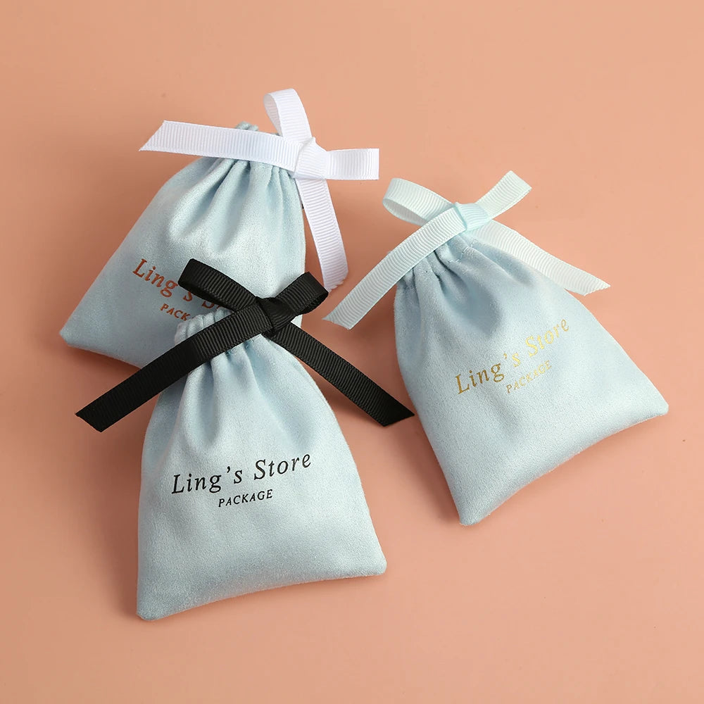 9x12cm Printed Light Blue Luxury Suede Velvet Small Drawstring Pouch Jewelry Package with Grosgrain Bow for Fashion Accessories