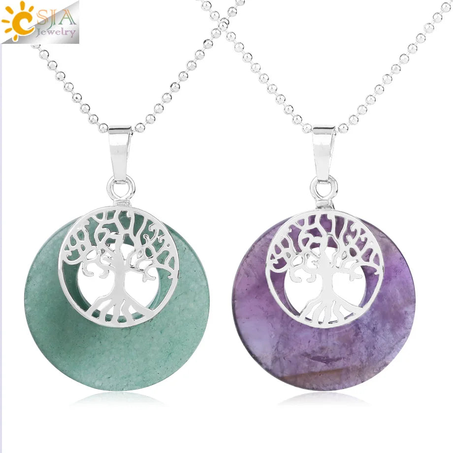 CSJA Natural Stone Tree of Life Pendant Charm Round Hollow Donut Rose Quartz Purple Crystal Pendant Chain Women Men Jewelry F951