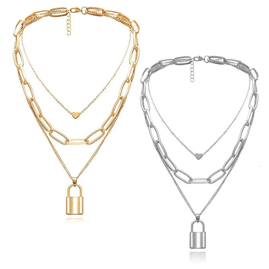Trendy Layered Design 3-Piece Gold Plated Alloy Necklace Set with Link Chain and Gold & Silver Pendant