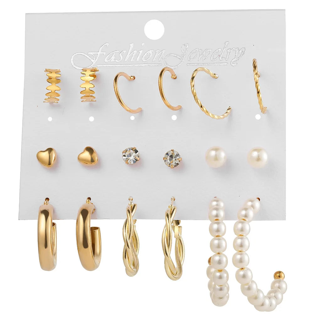 New Metal Twist Letter CC Hoop 9-piece Earring Set Creative Retro Style Simple Pearl Earrings