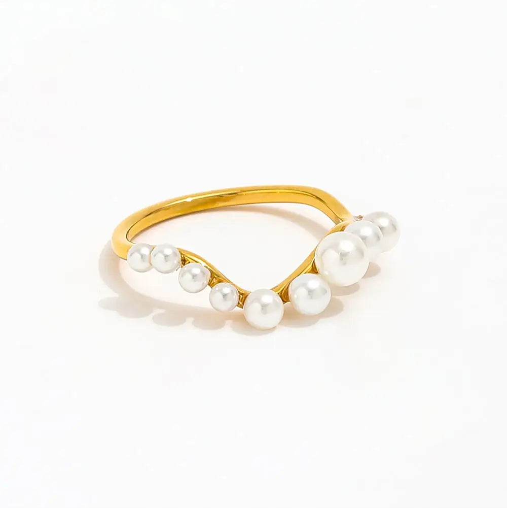 High End Trendy Stainless Steel Waved Ring 18K Gold Plated Single Row Freshwater Pearl Beads Stylish Ring for Gifts