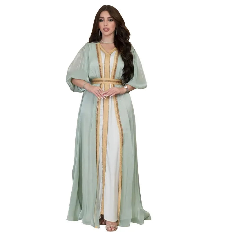 New Satin Hot Diamond Luxury Muslim Dubai Abaya Fashion Women's Kimonos Ladies Abaya Set Three-Piece Dress