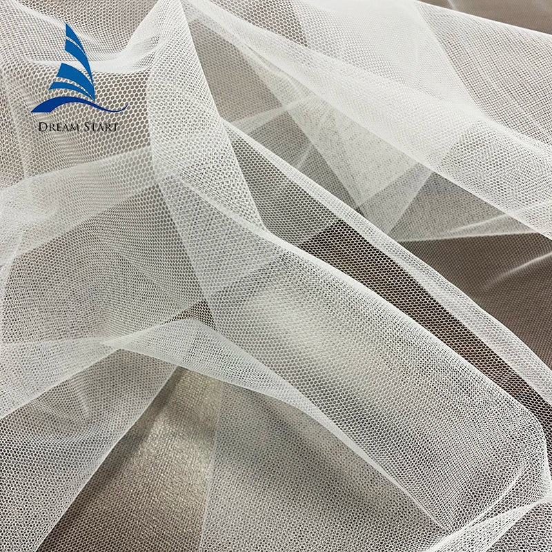 63" White 100% Nylon Mesh Elastic Embroidered Tulle Fabric Soft Lightweight Shrink-Resistant for Girls' Dresses Bridal Wedding