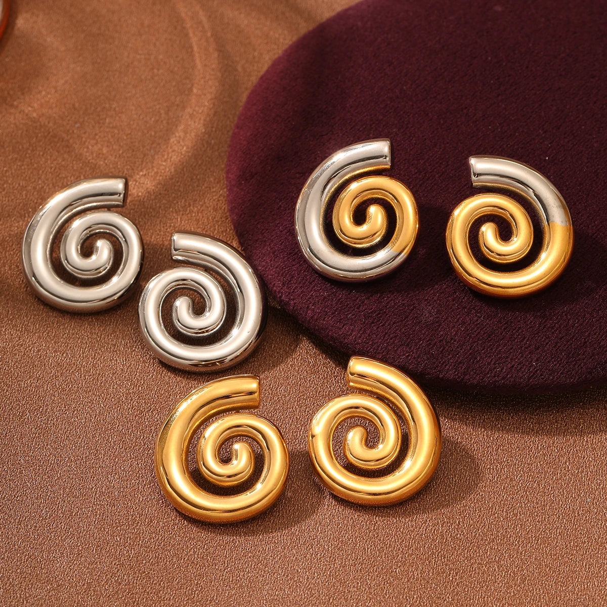 Fashion Trendy Waterproof Jewelry Geometric Spiral Two Tone 18k Gold Plated Pvd Earrings Stainless Steel Studs Women Jewelry