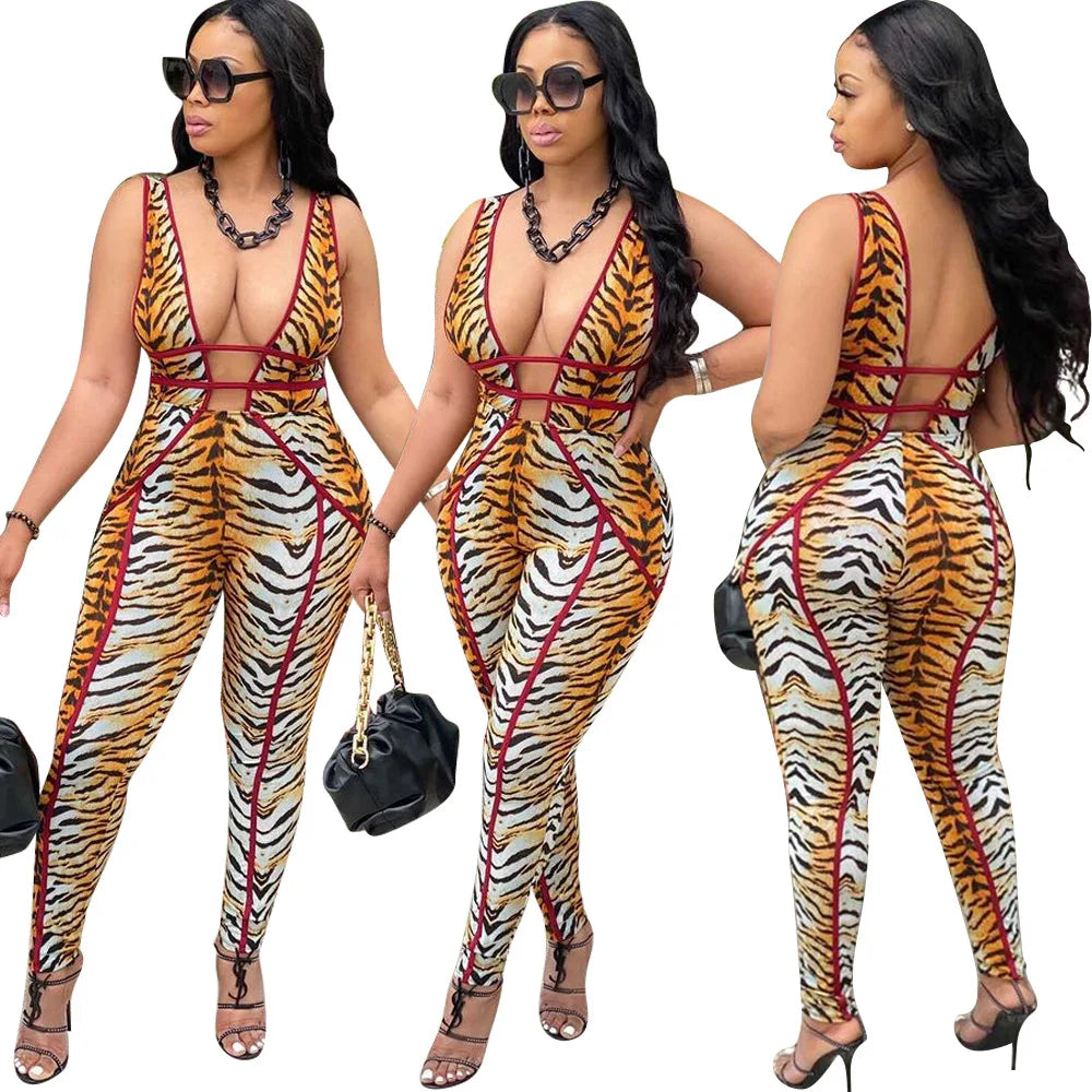 Guangzhou Auyan Women's Plus Size Fashion Sexy Tight-fitting Print Sleeveless Casual Lady Jumpsuit Playsuits