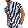 Ohsisa 2025 Summer Men's Casual with Stand Collar  Black and White Vertical Striped Design Fit Pattern Short Sleeve Shirt Blouse
