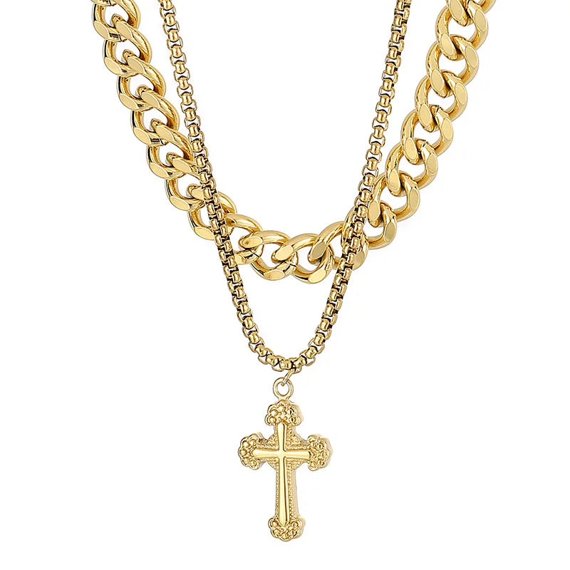Kalen Punk Hiphop Cross Pendant Men Double Box & Link Chains Necklace Charms Stainless Steel Jewelry Necklaces for Gift