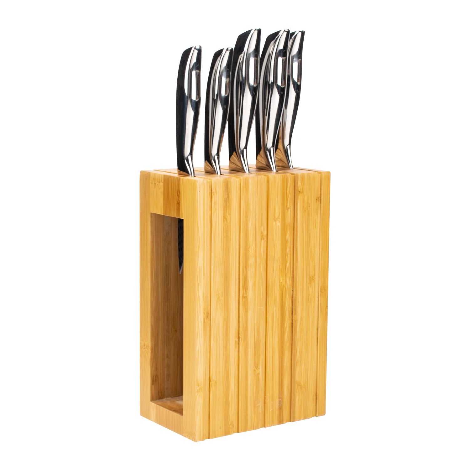 New 6-Piece Hollow Handle Ambidextrous Kitchen Knife Set with White Oak Wood Block Stainless Steel Blades
