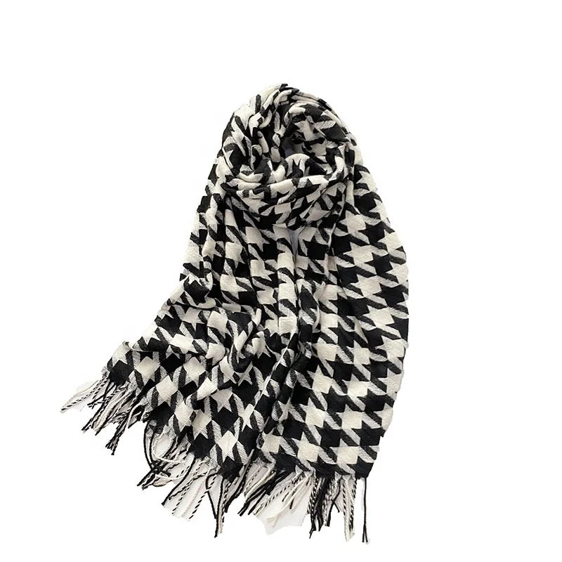 Landfond Accessory Autumn Winter Great Thousand Bird Checkered Tassel Woven Scarf