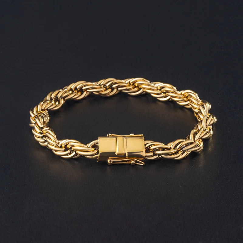 6MM 8MM Twisted Rope Bracelet Hip Hop Jewelry Stainless Steel 18K Gold Plated Thick Woven Twisted Rope Chain Bracelet
