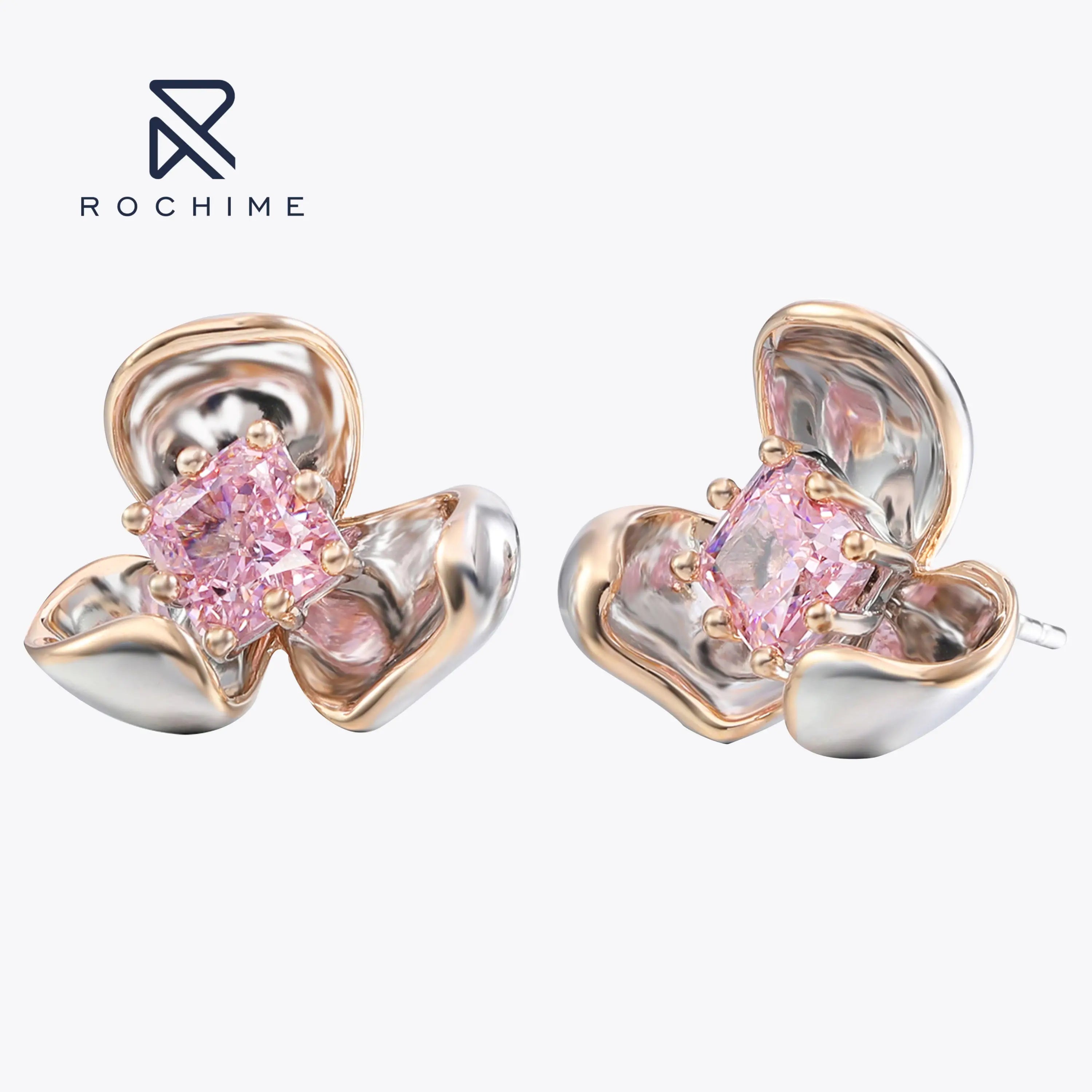 Rochime Flower pink Diamond Stud Earrings 925 Sterling Silver Rhodium Plated 5a Zircon Jewelry for Women