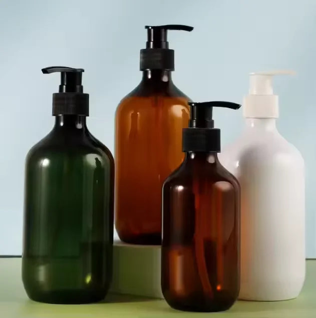 Custom 300ml/500ml PET Shampoo & Hair Oil Bottle Amber Green Transparent Plastic PCR Lotion Pump Cosmetics Cream Screen Printing