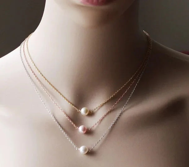 Zooying 10mm Delicate Simple Floating Rose Gold Chain Bridesmaid Real Pearl Necklace for Women Jewelry
