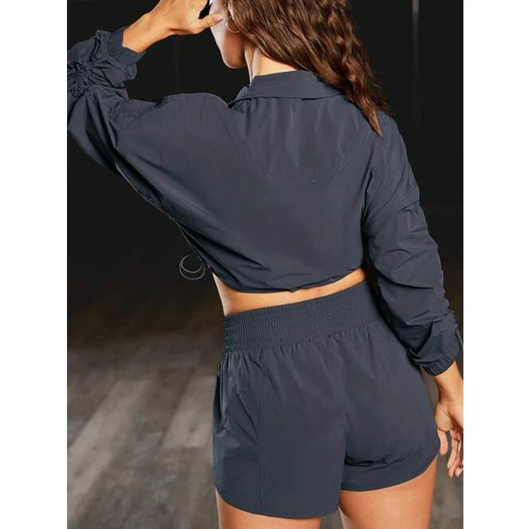 F230429 Custom Blank Lightweight Streetwear Sweatsuit Women Full Zipper Crop Top Jacket and Gym Shorts Set 2 Piece Set Women