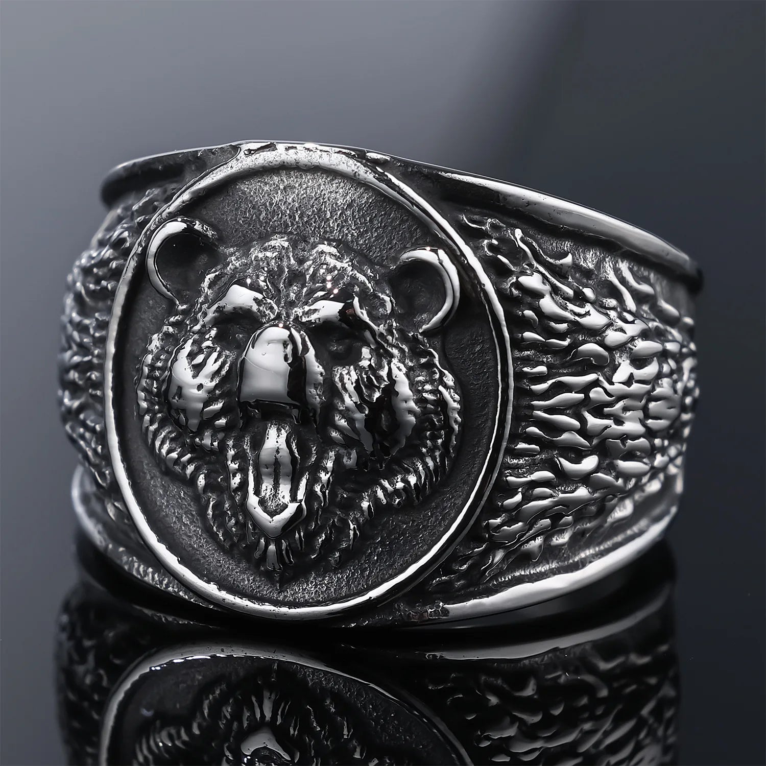 Customized Stainless Steel Three-dimensional Bear Head Men's Ring Nordic Domineering Retro Fashion Trend Jewelry Wholesale