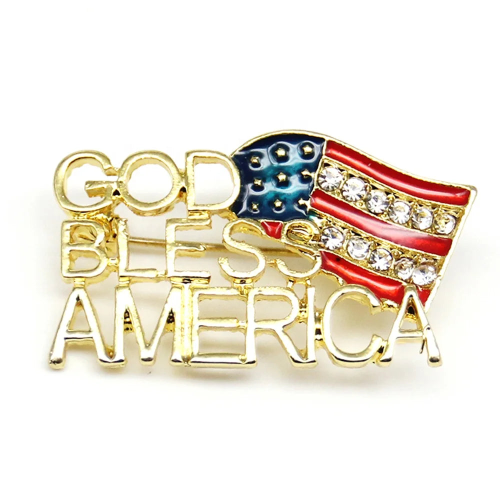 Customized Gold-Plated America Flag Brooch 'GOD BLESS AMERICA' for July 4th Independence Day Jewelry Wedding & Gift Safe Pins