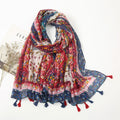 2025 Latest Retro Floral Print Cotton Linen Scarf Long Beach Shawl with Tassel Stylish Spring New Arrival