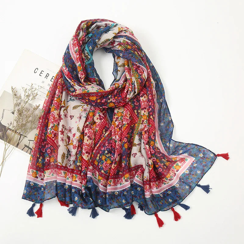 2025 Latest Retro Floral Print Cotton Linen Scarf Long Beach Shawl with Tassel Stylish Spring New Arrival