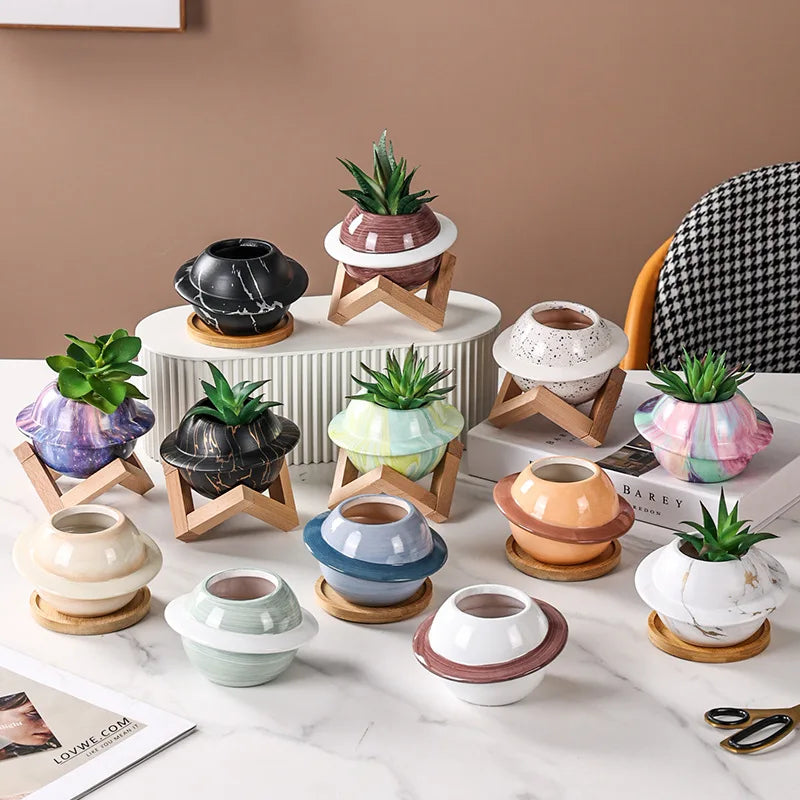 Factory Wholesale Thumb Succulent Spherical Planter Meta Universe Galaxy  Planet Pot Creative Ceramic Planter With Wooden Frame