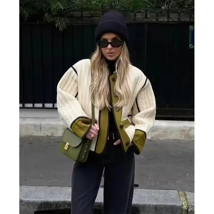 Pocket Autumn Lady Casual Outwear Women O Neck Thermal Jacket Fashion Contrast Single Breasted Patchwork Quilted Warm Coats