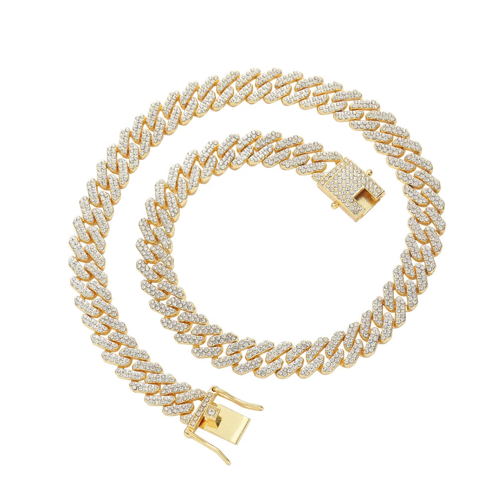 AC013 12mm  Crystal Cuban Link Chain Hip Hop Iced Out  Chain Necklace Bling Bling Jewelry