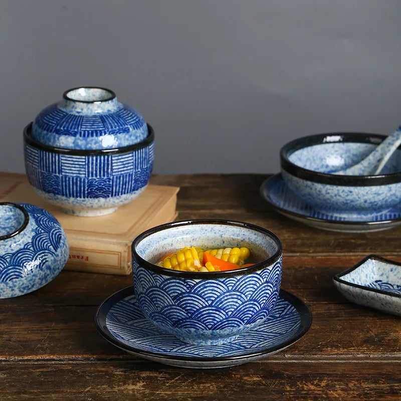 Chinese Style Vintage Wave Pattern Dim Sum Salad Ceramic Bowl and Plate Dinner Set