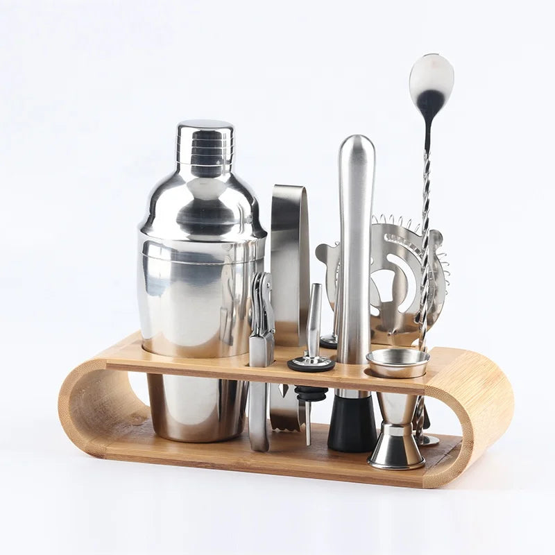 Top Selling 10 Pcs Bamboo Stand Stainless Steel Eco-Friendly Bartender Kit Bar Tool Set Cocktail Shaker Double End Jigger Custom