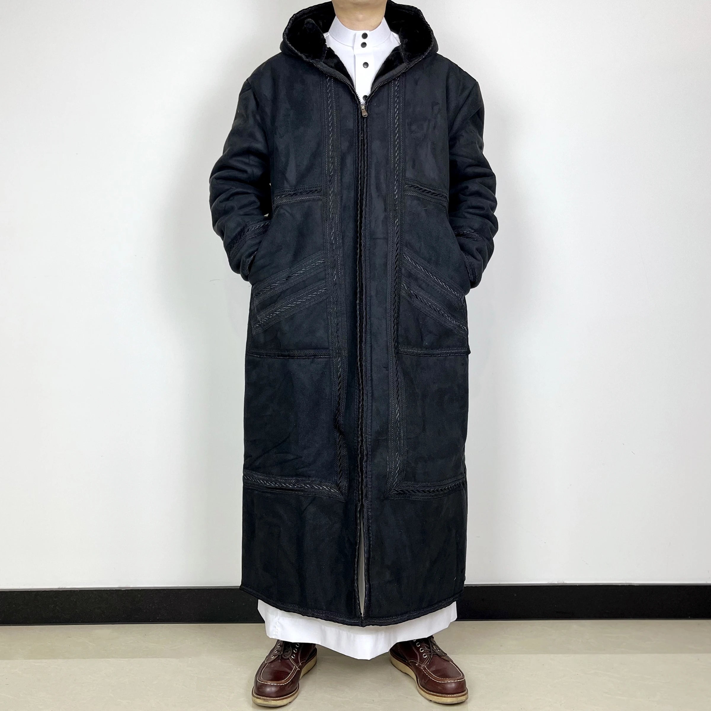 Wholesale Mens Islamic Hooded Moroccan Long Coat Warm Thick Zipper Abaya Modest Winter Arabic Robe
