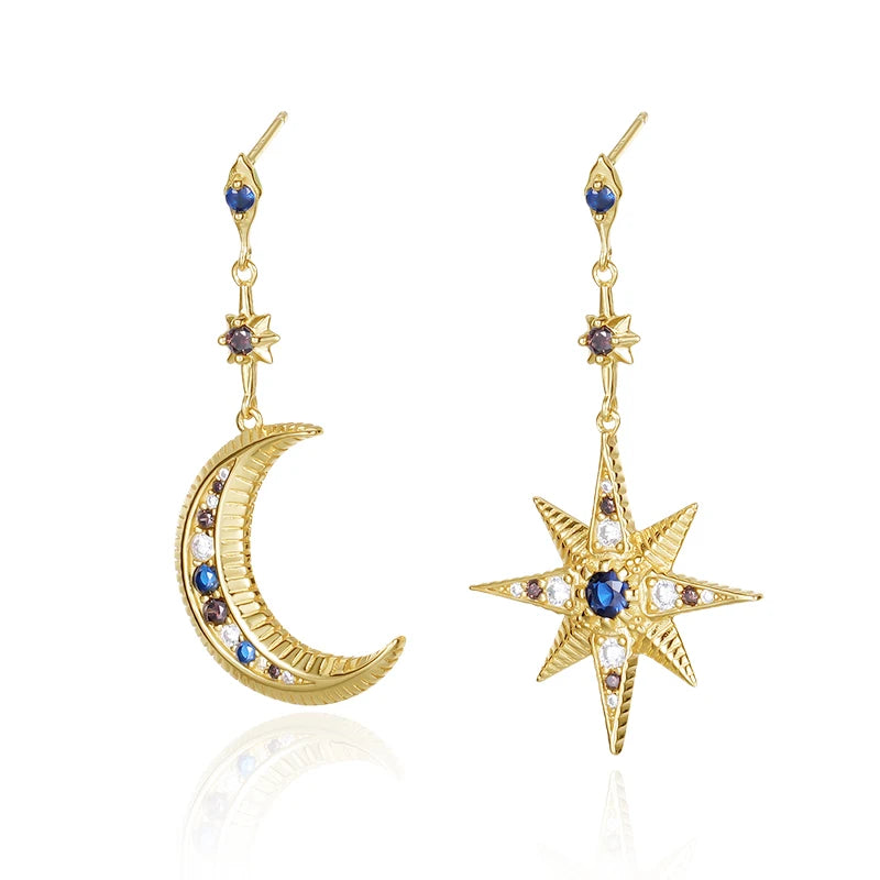 INS Popular Fashion 925 Sterling Silver Jewelry Colorful Diamond Moon and Star Shape Gold Plated Drop Stud Earrings for Women