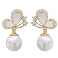Elegant 925 Sterling Silver Needle Shell Butterfly Earrings Women Rhinestone Crystal Butterfly Pearl Drop Earrings