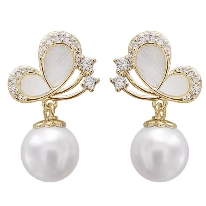 Elegant 925 Sterling Silver Needle Shell Butterfly Earrings Women Rhinestone Crystal Butterfly Pearl Drop Earrings