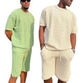 Men's 2 Piece Waffle Knit Short Set with Short Sleeve/Sleeveless Top and Drawstring Shorts Breathable Hollow-Out Knit Tracksuit