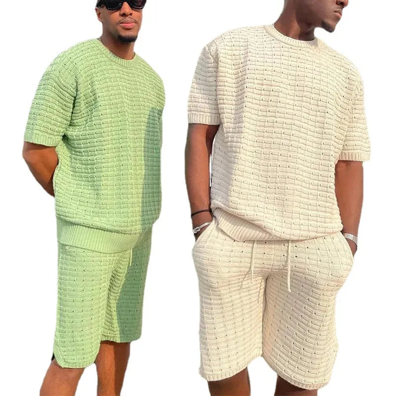Men's 2 Piece Waffle Knit Short Set with Short Sleeve/Sleeveless Top and Drawstring Shorts Breathable Hollow-Out Knit Tracksuit