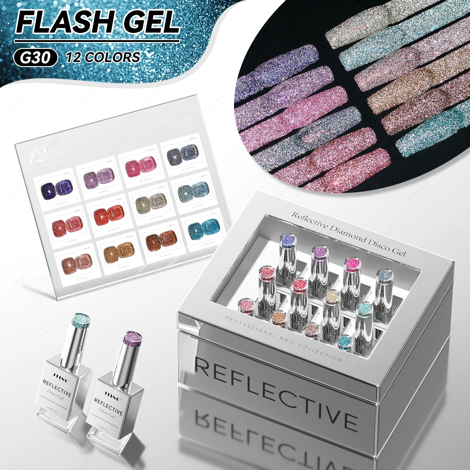 JTING Brilliant Star Diamond Reflective Gel Collection 12colors Set Box OEM Nail Supplies Shiny Reflective Disco Gel Nail Polish
