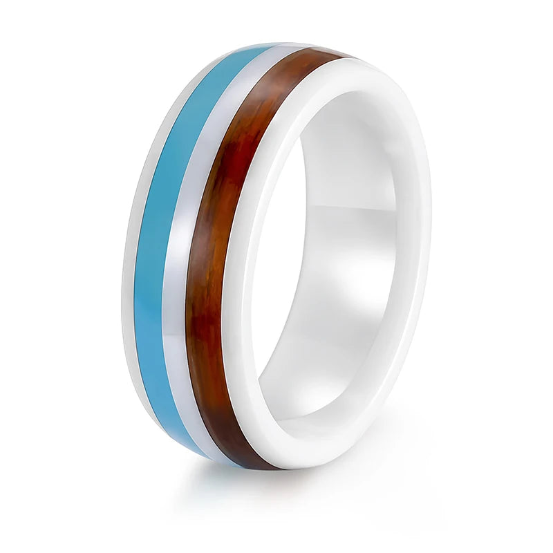 Somen Fashion Jewelry Customized 8mm Polished Domed Wood and Blue Resin Inlay White Ceramic Rings for Men Women